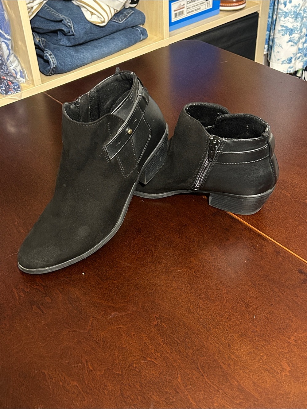 Old Navy Black Faux Suede Buckle Ankle Booties Side Zip